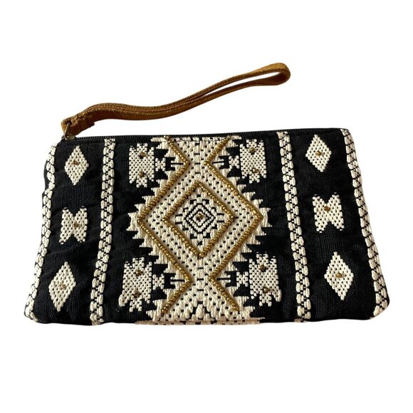 KATYDID Boho Wristlet Clutch Black, White & Gold Geometric Pattern Leather Strap - Picture 6 of 6
